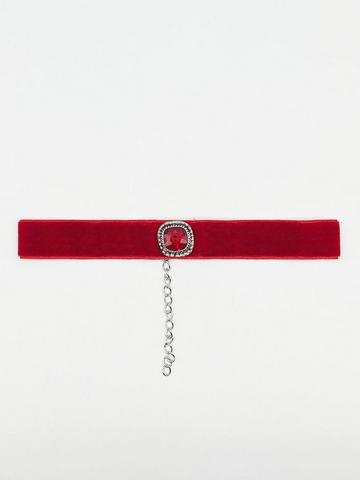 Red Faux Velvet Choker Necklace with Red Jewel Red