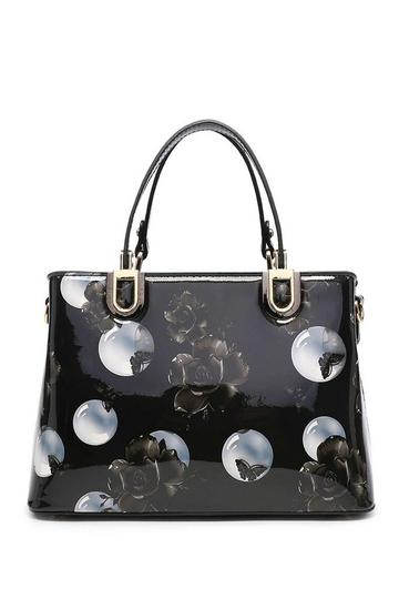 Black Flo Crystal Floral Patent Leather Tote Shoulder Bag