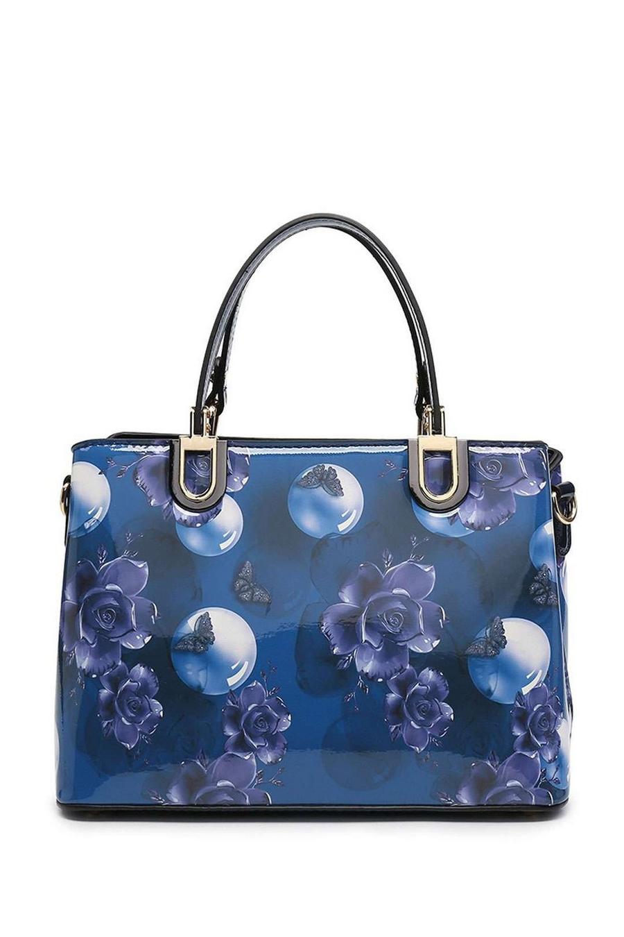 Blue Flo Crystal Floral Patent Leather  Tote Shoulder Bag