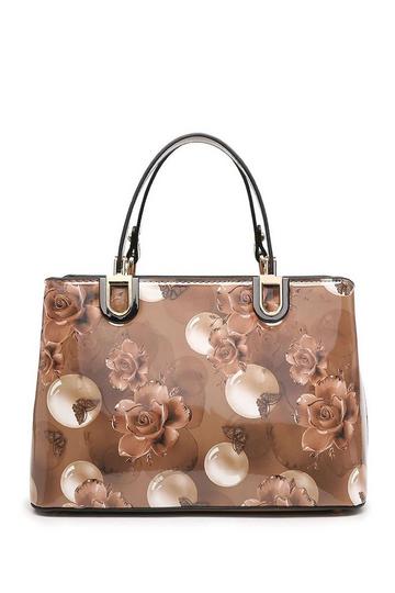 Brown Flo Crystal Floral Patent Leather Tote Shoulder Bag