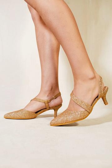 'Cordelia' Pointed Toe Low Kitten Heel With Crossover Strap Gold