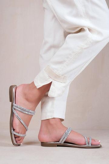 Silver 'Dream' Extra Wide Strappy Flat Slider Sandals With Diamante Detail