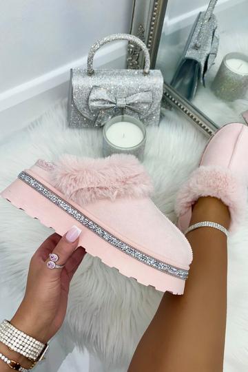 Pink Crystal Trim Snugg Platform Strap Slippers