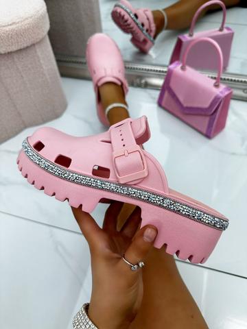 Pink Crystal Tread Platform Clog Sliders