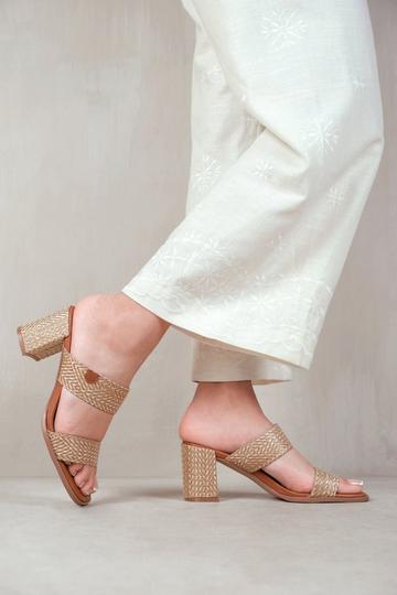 Slayed' Statement Platform Strappy Block High Heels Beige