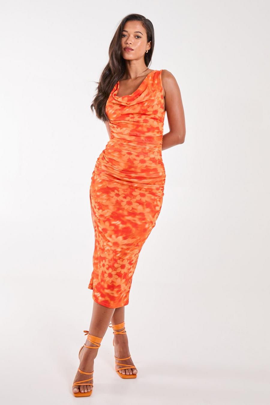 Orange Floral Mesh Cowl Maxi Dress