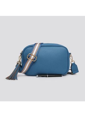 Blue Tassel Charm Camera Crossbody Bag with Tassel Charm & Canvas Strap