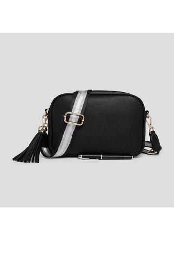 Black Tassel Charm Camera Crossbody Bag with Tassel Charm & Canvas Strap