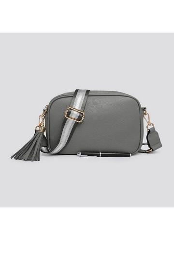 Grey Tassel Charm Camera Crossbody Bag with Tassel Charm & Canvas Strap