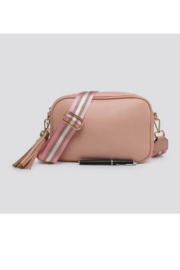 Pink Tassel Charm Camera Crossbody Bag with Tassel Charm & Canvas Strap