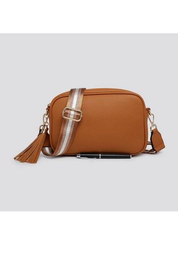 Tan Brown Tassel Charm Camera Crossbody Bag with Tassel Charm & Canvas Strap