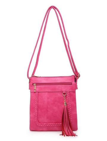 Pink Braided Trim Double Compartment Crossbody Bag with Tassel Charm