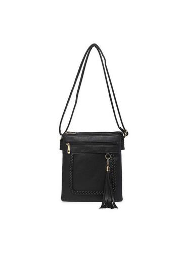 Black Braided Trim Double Compartment Crossbody Bag with Tassel Charm