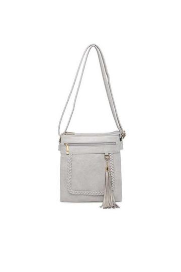 Braided Trim Double Compartment Crossbody Bag with Tassel Charm Grey