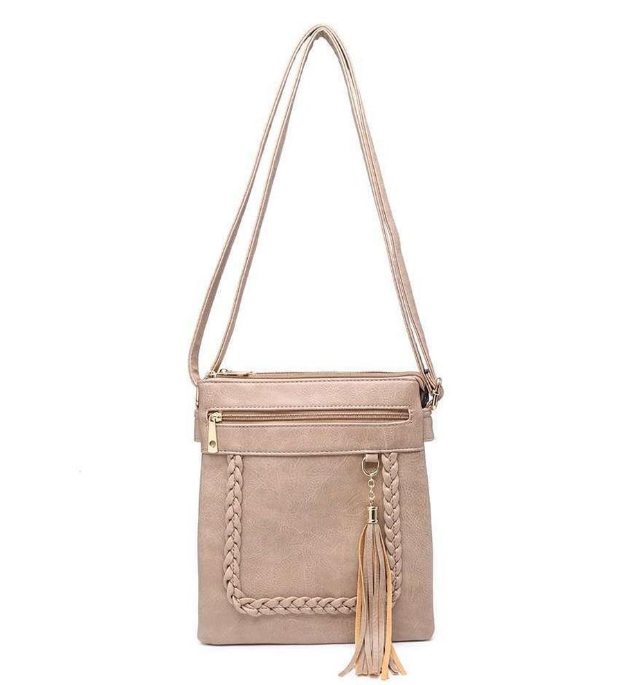 Light beige Braided Trim Double Compartment Crossbody Bag with Tassel Charm