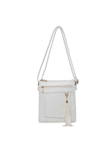 Braided Trim Double Compartment Crossbody Bag with Tassel Charm White