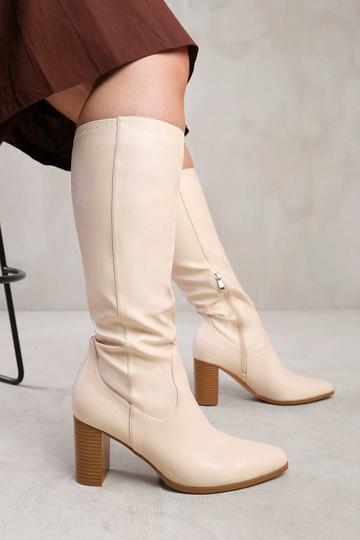 'Alpha' Stretch Wide Calf Block Heel Knee High Boots With Stitch Detail Cream