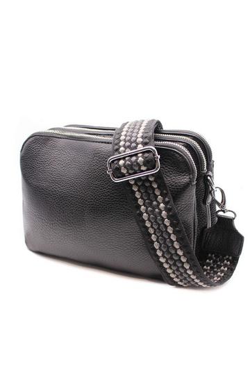 Small Triple Zip Messenger Crossbody Bag Canvas Strap Black