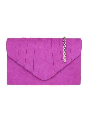 Elegant Faux Suede Pleated V Shape Evening Clutch Bag Fuchsia