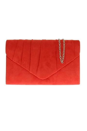 Red Elegant Faux Suede Pleated V Shape Evening Clutch Bag