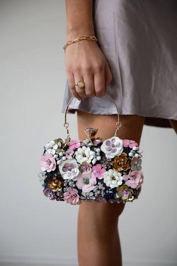 Floral Applique Clutch Bag Black