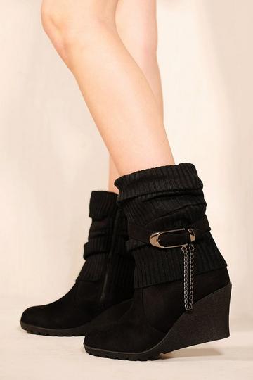 'Bryony' Wedge Heel Slouchy Ankle Boots With Knitted Collar Black