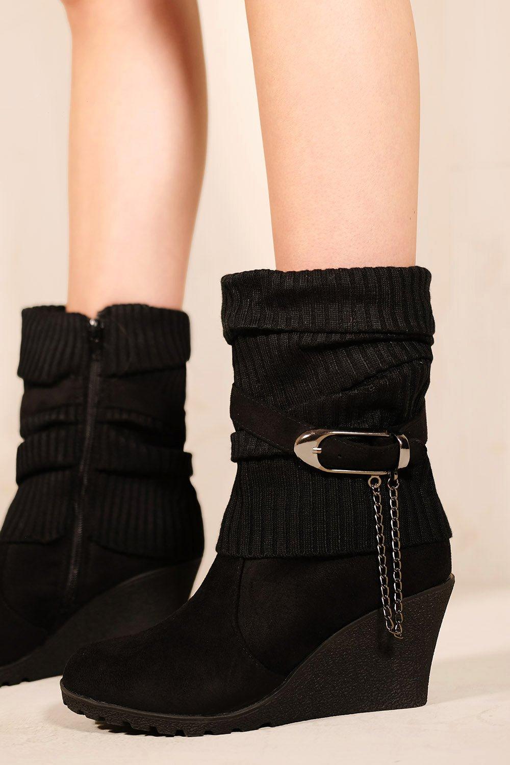 Bryony Wedge Heel Slouchy Ankle Boots With Knitted Collar
