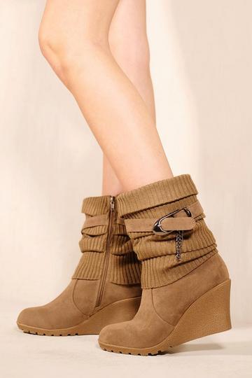 'Bryony' Wedge Heel Slouchy Ankle Boots With Knitted Collar Khaki