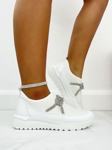 Crystal Embellished Slip On Wedge Trainers White