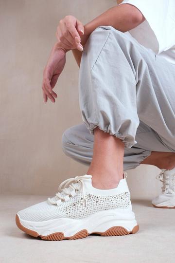 Beige 'Whisper' Chunky Sole Knit Trainers With Crystal Embellishment