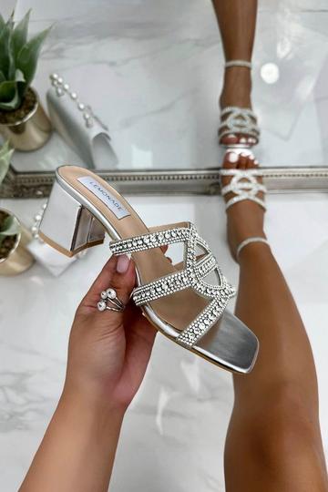 Sparkly Cut Out Block Heels Silver