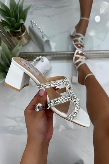 Sparkly Cut Out Block Heels White