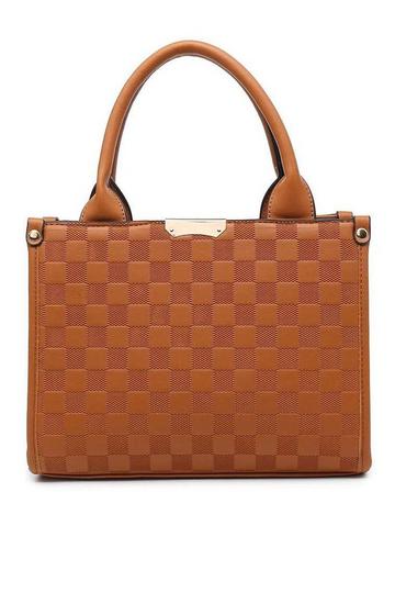 Brown Checkered Pattern Tote with Detachable Strap