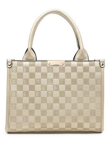 Gold Metallic Checkered Pattern Tote with Detachable Strap