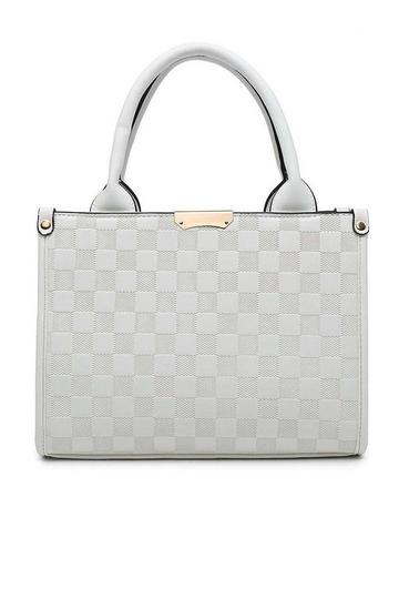 White Checkered Pattern Tote with Detachable Strap