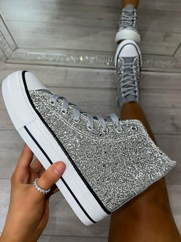 Crystal Glitter High Top Wedge Trainers Silver