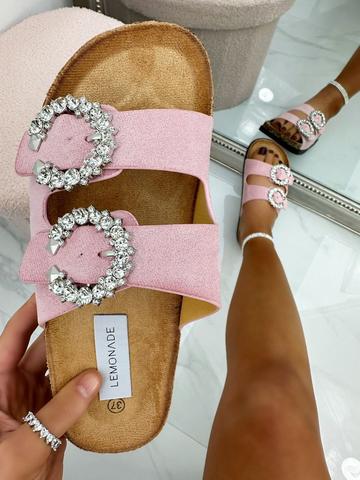 Pink Crystal Sparkly Double Buckle Sliders