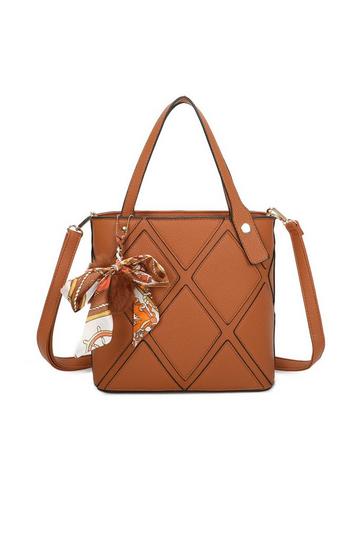 Brown Cross Pattern PU Leather Tote Handbag Shoulder Bag With Scarf Charm