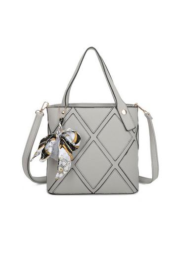 Grey Cross Pattern PU Leather Tote Handbag Shoulder Bag With Scarf Charm