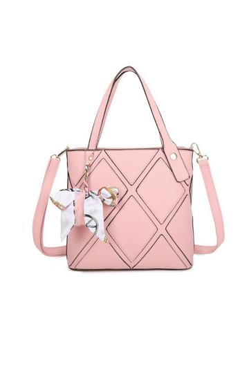 Pink Cross Pattern PU Leather Tote Handbag Shoulder Bag With Scarf Charm