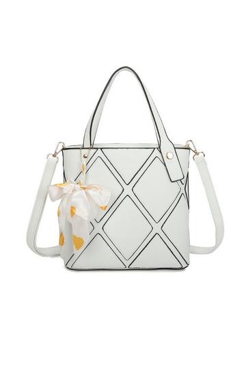 White Cross Pattern PU Leather Tote Handbag Shoulder Bag With Scarf Charm