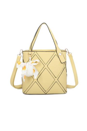 Yellow Cross Pattern PU Leather Tote Handbag Shoulder Bag With Scarf Charm