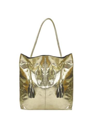 Metallic Gold Drawcord Metallic Leather Hobo Shoulder Bag