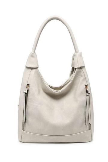 Beige Large Roomy Triple Compartmentes Tote Shoulder Bag With Front Pockets