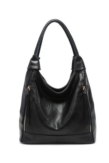 Black Large Roomy Triple Compartmentes Tote Shoulder Bag With Front Pockets