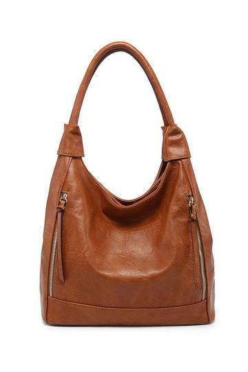 Brown Large Roomy Triple Compartmentes Tote Shoulder Bag With Front Pockets