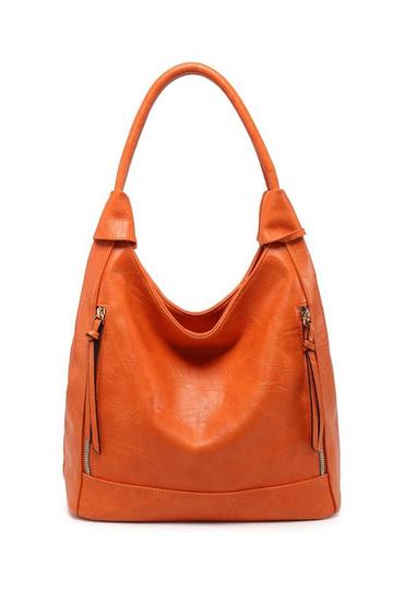 Orange Large Roomy Triple Compartmentes Tote Shoulder Bag With Front Pockets