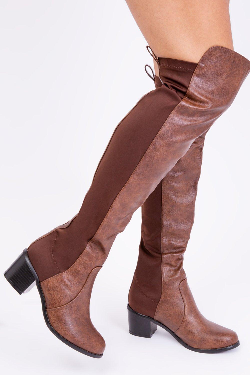 Britta Thigh High Mid Heeled Boots boohoo UK