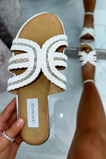 White Crystal Boho Plait Sliders