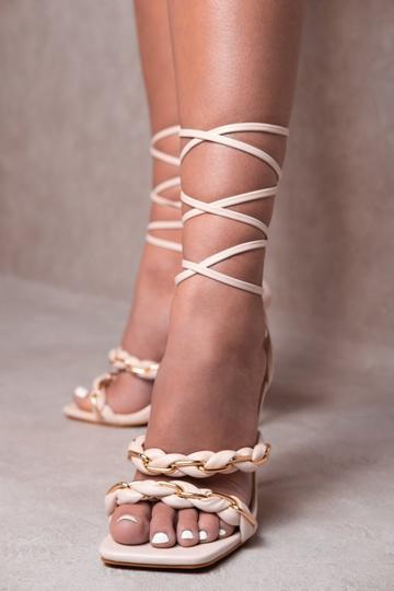 'Ayla' Multi Chain Square Toe Lace Up Heels Cream